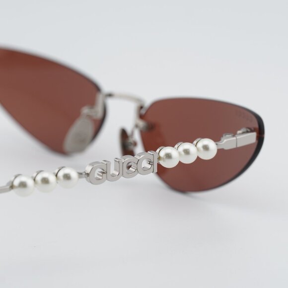 Gucci GG1920S 002 Sunglasses Shiny Silver with Pearl Cat Eye Frame, Brown Lenses main image 8